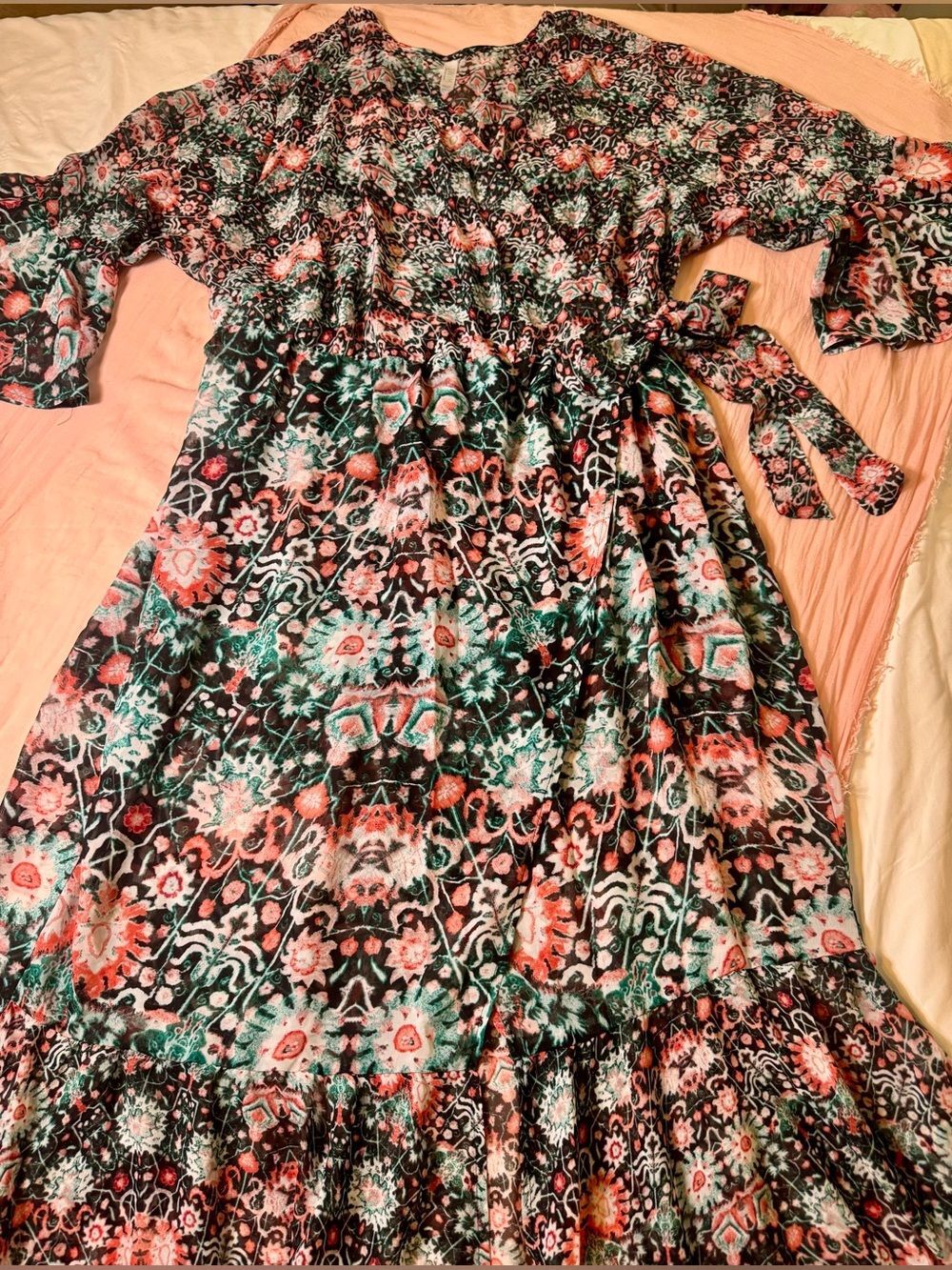 CACIQUE size 26 Cover-Up Boho Floral Pattern Semi-Sheer Robe Maxi Tie Wrap